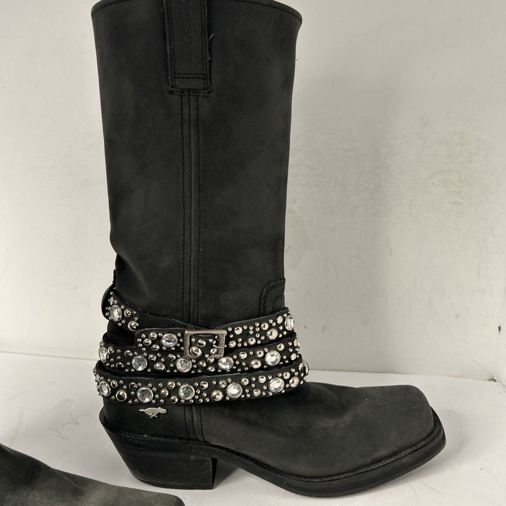 Sz 8 - ROCKET DOG Black Leather Silver Studded Rhinestone Buckle Biker Boots - Picture 10 of 15
